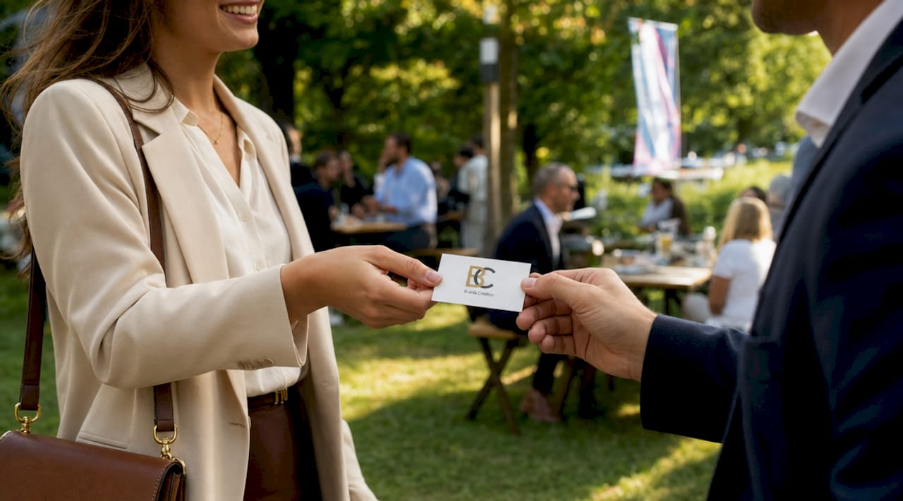 Woman handing business card at tech event