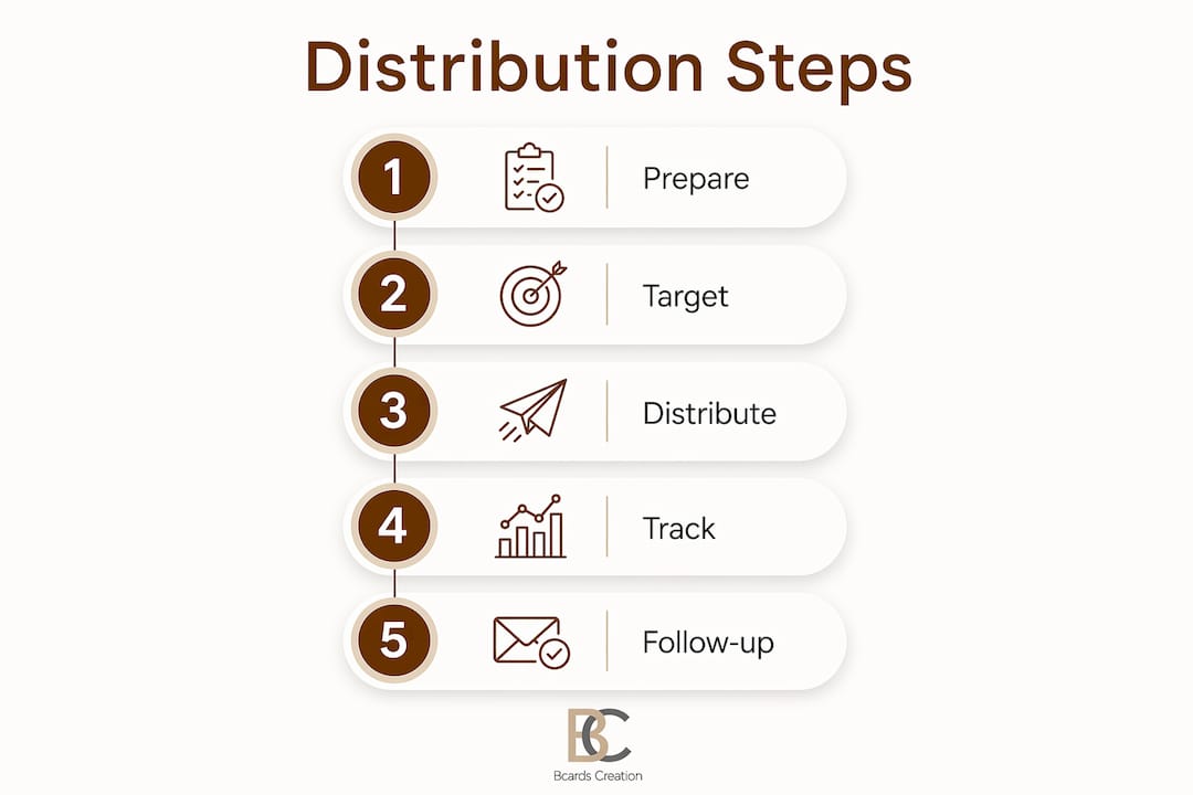Infographic illustrating business card distribution steps