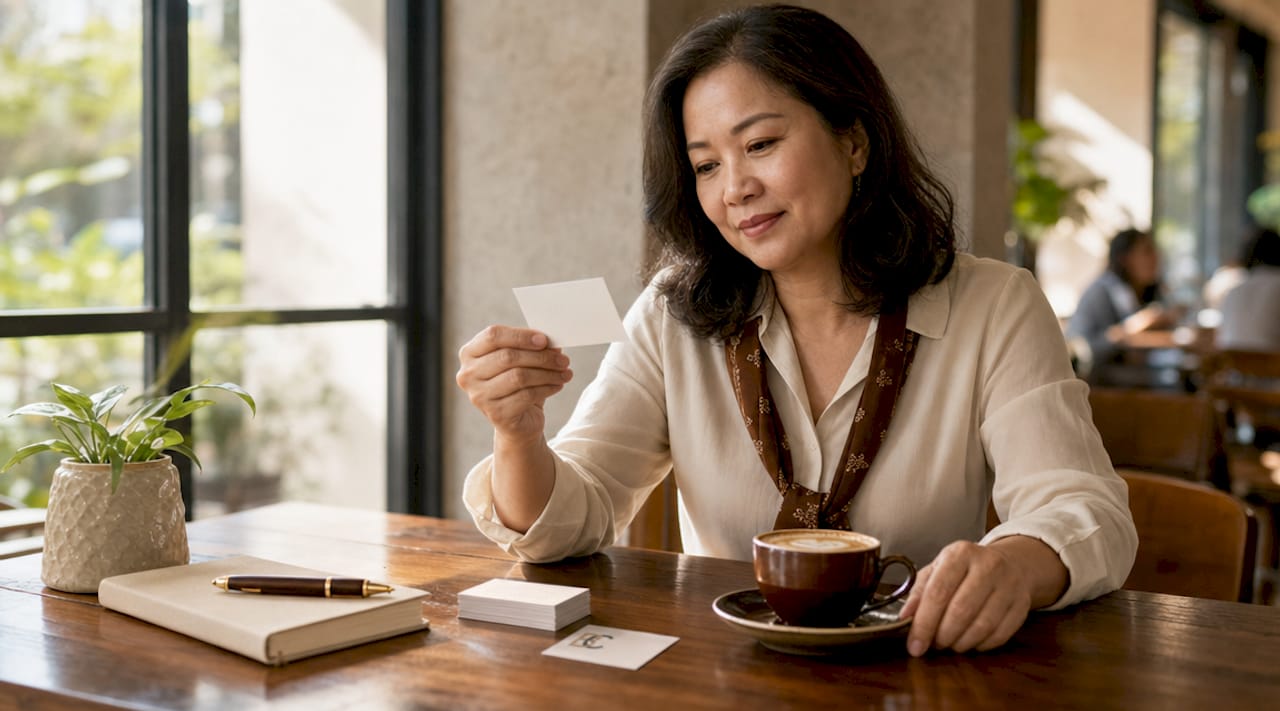 Woman examining business cards at desk