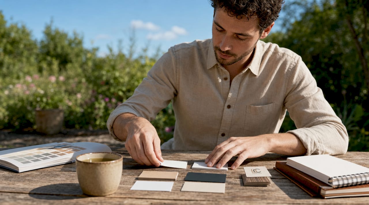 Designer reviewing printed business cards at desk