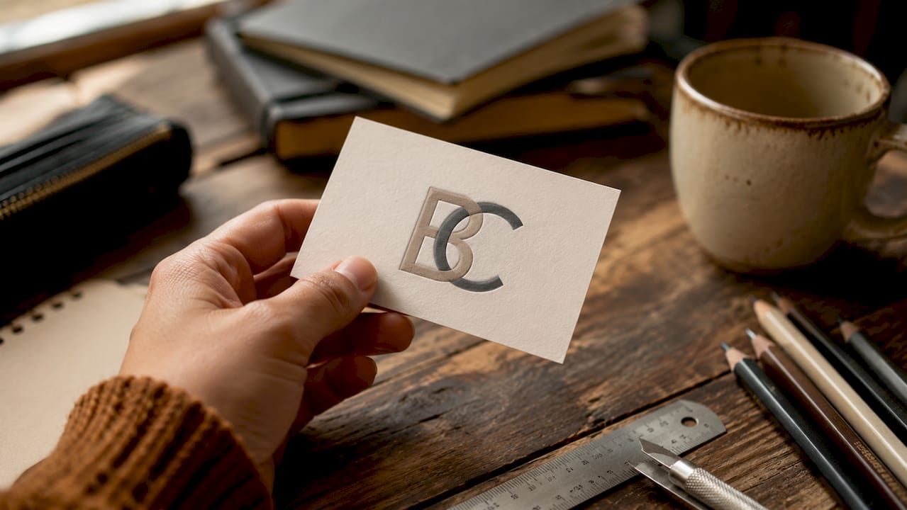 Close-up of hands holding luxury embossed business card