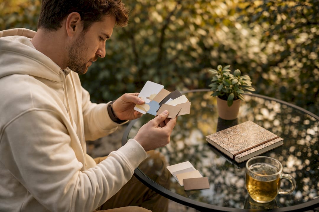 Photographer sorting business cards at desk