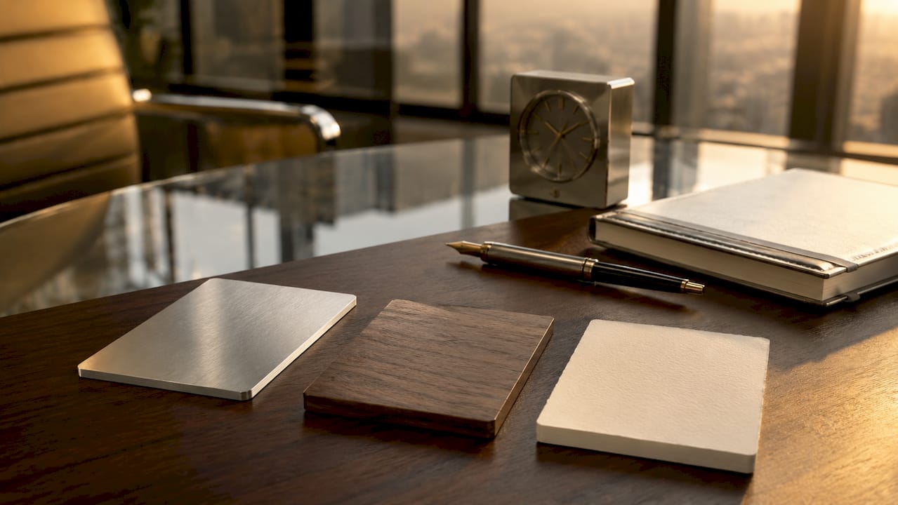 Close-up of metal, wood, and cardstock luxury cards
