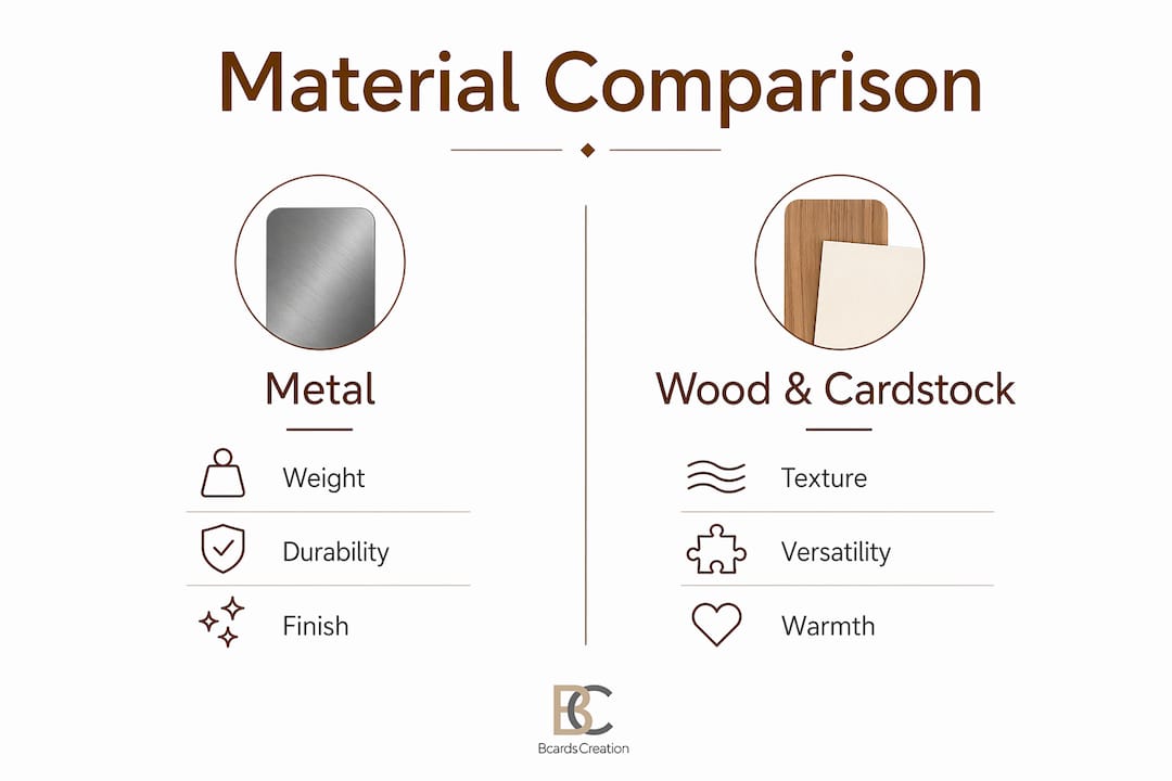 Infographic comparing metal vs wood and cardstock materials