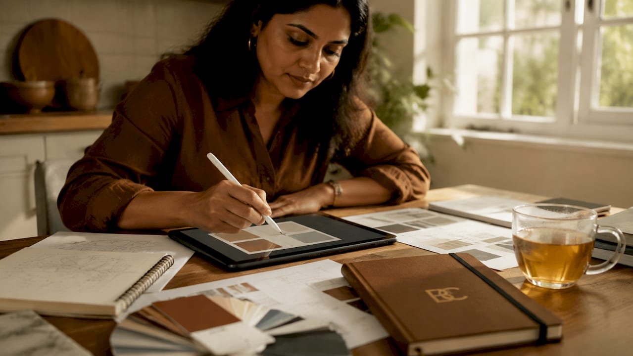 Woman designing business card at desk