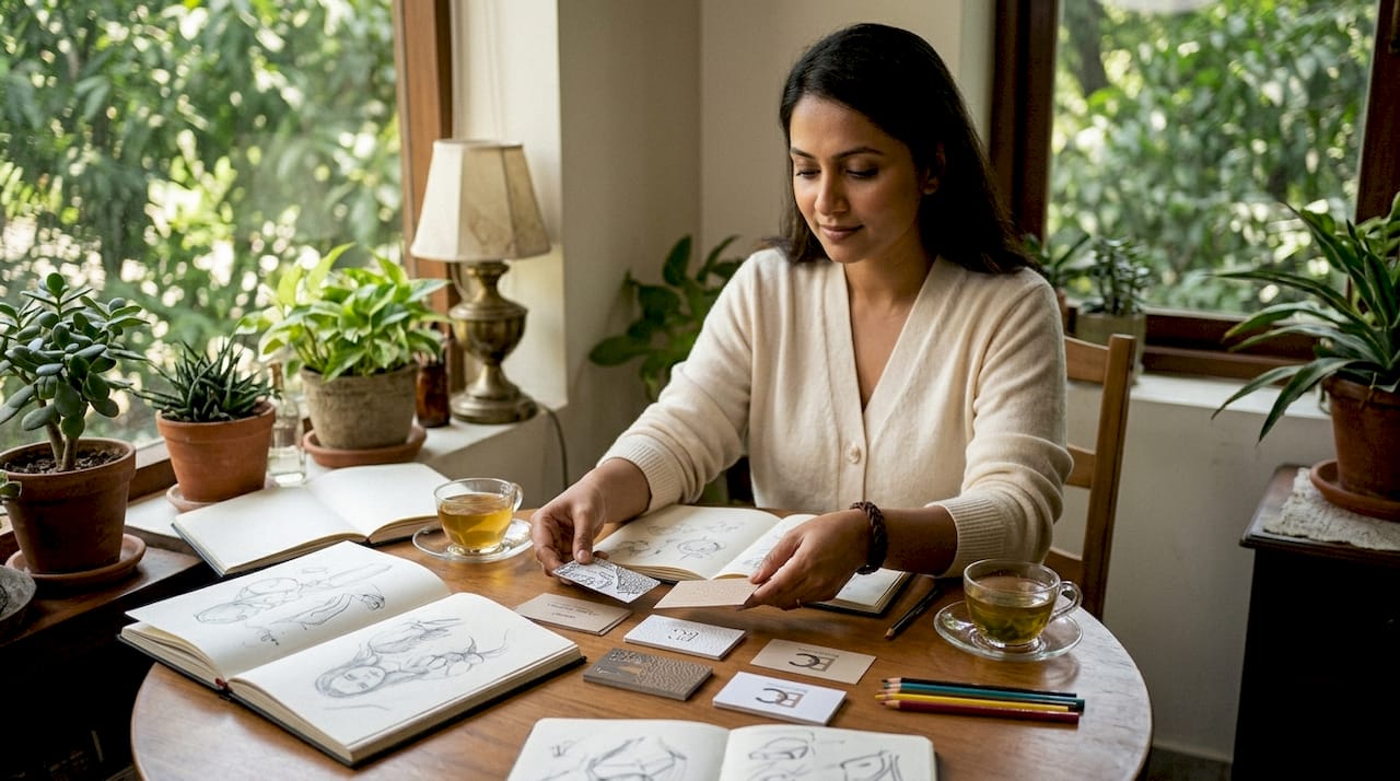 Designer arranging premium business cards