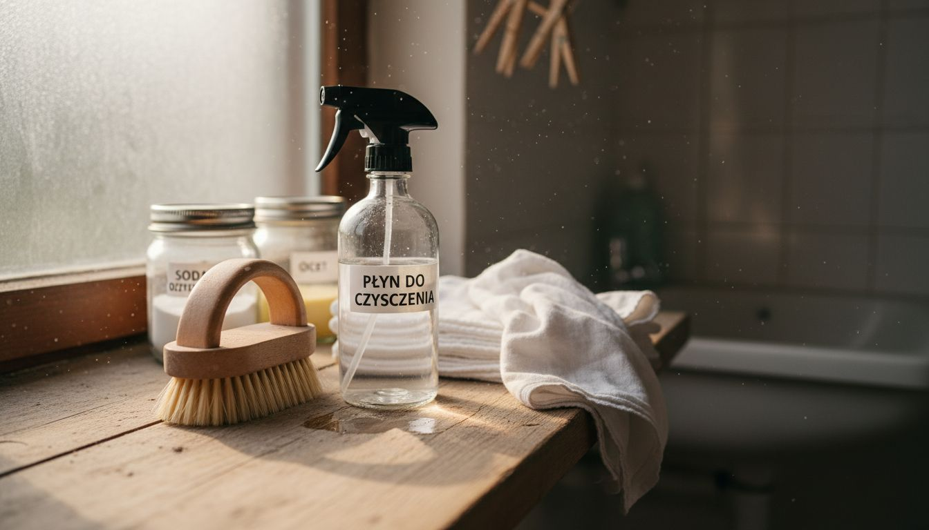 Ekologiczne środki czystości starannie ułożone na półce