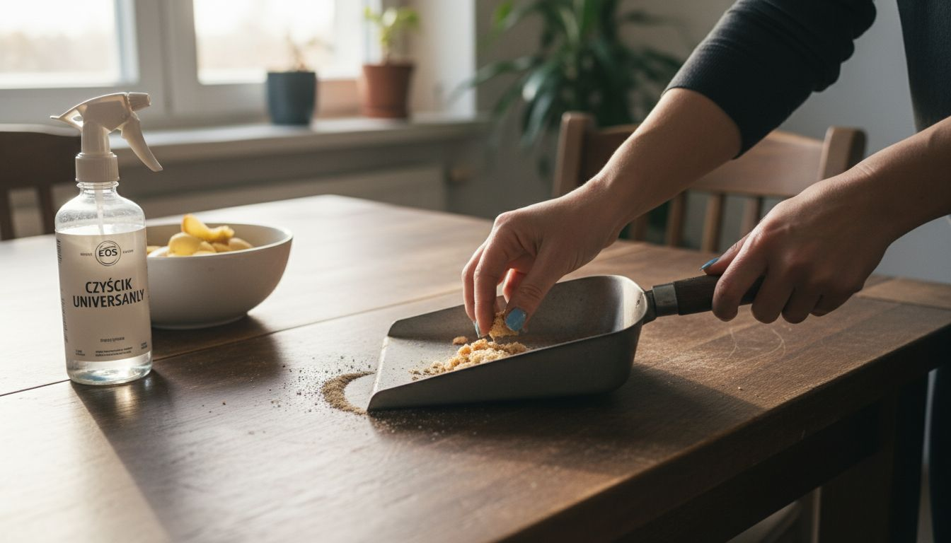 Przed ekologicznym sprzątaniem rękami zgarniane są okruszki ze stołu.