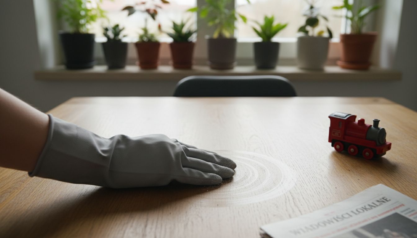 Drewniany stół najlepiej czyścić rękawicą z mikrofibry – skutecznie usuwa kurz i nie zostawia smug.