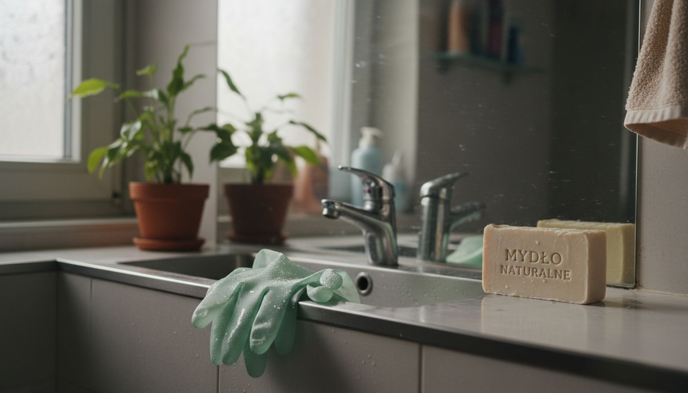 Ekologiczne rękawice pozostawione przy zlewie po sprzątaniu