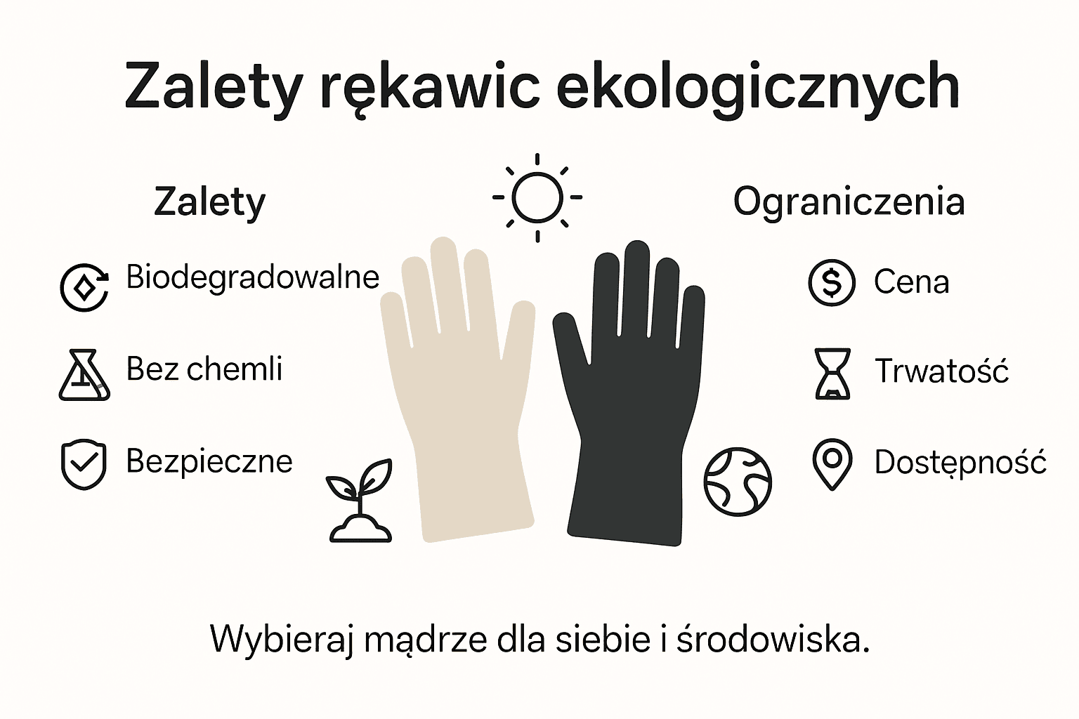 Infografika pokazująca mocne strony i słabsze punkty ekologicznych rękawic