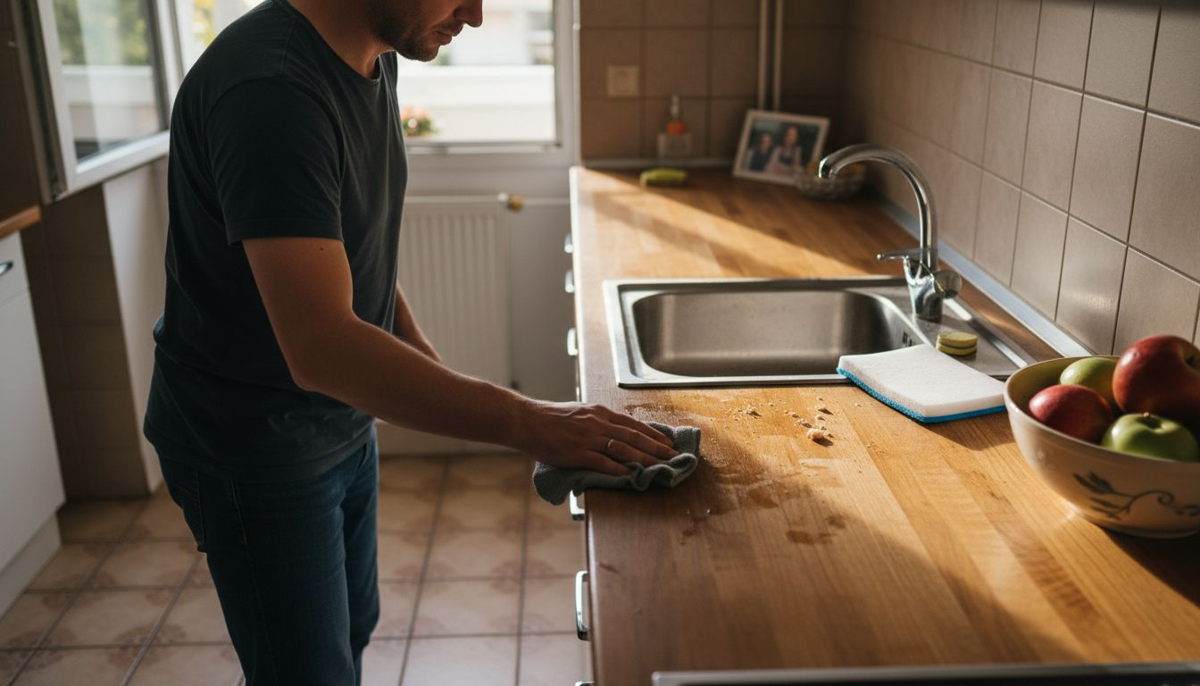 Mężczyzna sprząta kuchenny blat, używając wyłącznie naturalnych sposobów – bez żadnych środków chemicznych.