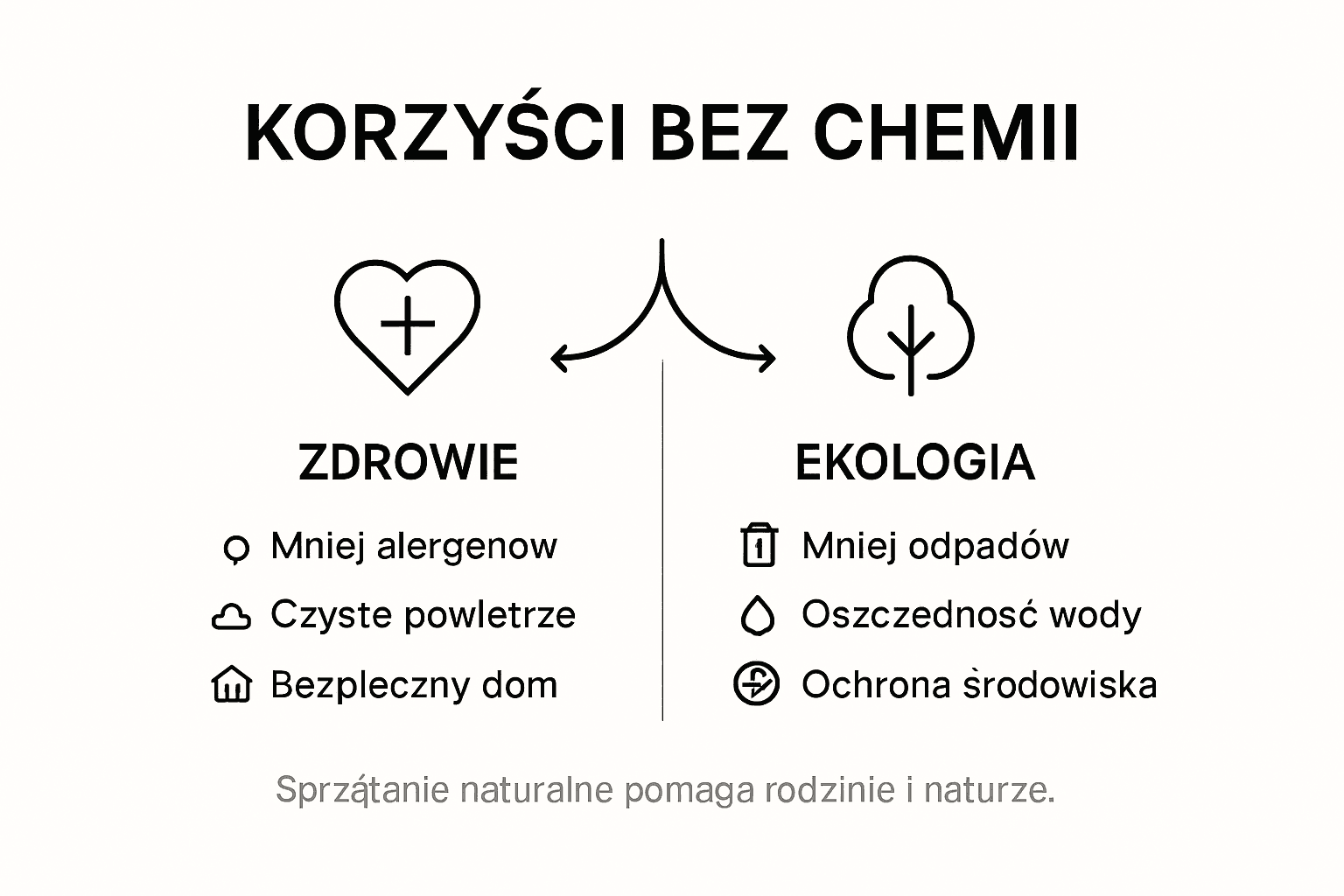 Infografika prezentująca, jak sprzątanie przy użyciu ekologicznych środków wpływa korzystnie na zdrowie i środowisko