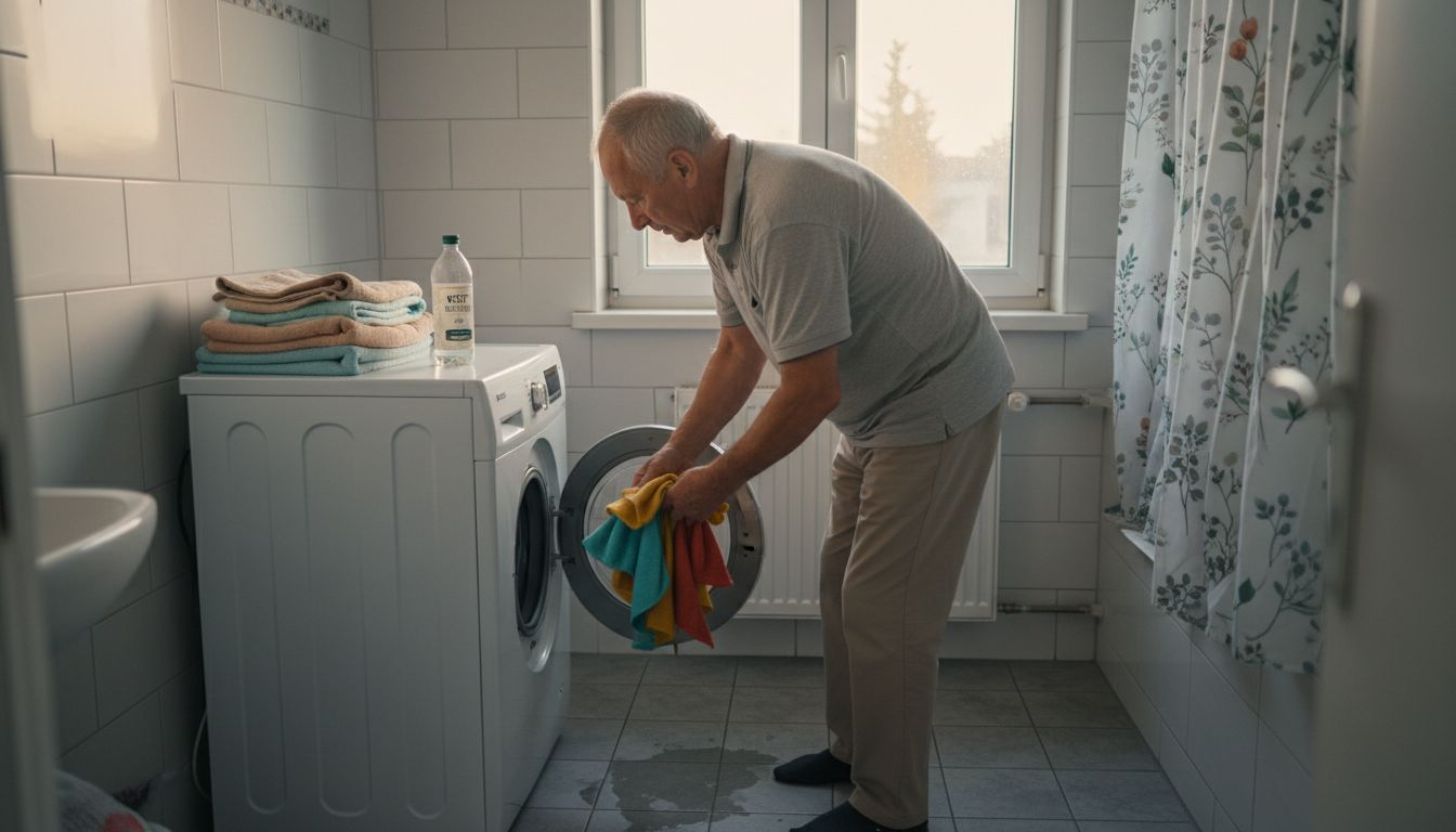 Mężczyzna wyjmuje świeżo uprane, wielorazowe ściereczki z bębna pralki.