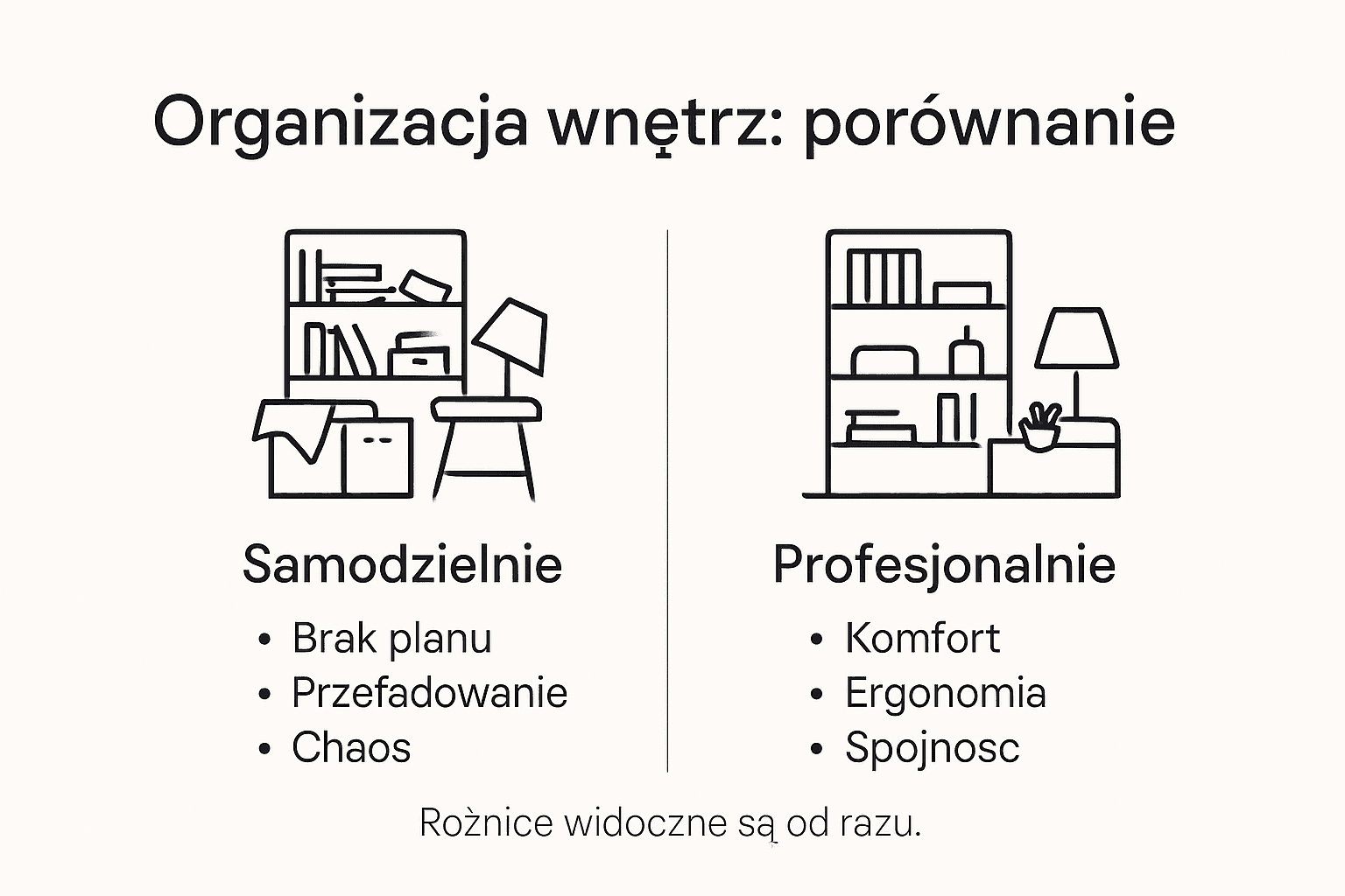 Grafika pokazująca zestawienie różnych sposobów na uporządkowanie przestrzeni w mieszkaniu