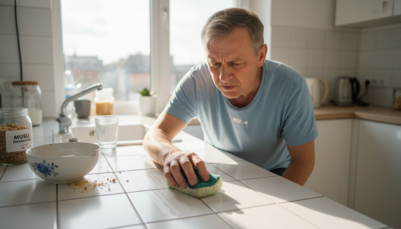 Mężczyzna dokładnie sprawdza blat kuchenny, szukając zabrudzeń.