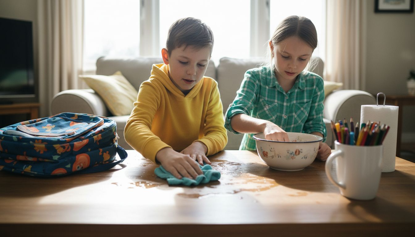 Dzieci sprzątają stół, używając ekologicznych środków czystości.