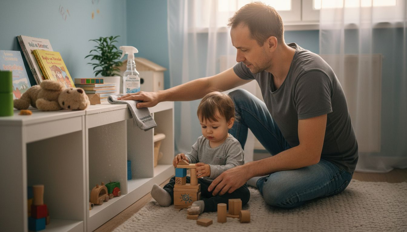 Tata czyści półkę preparatem z nanosrebrem.