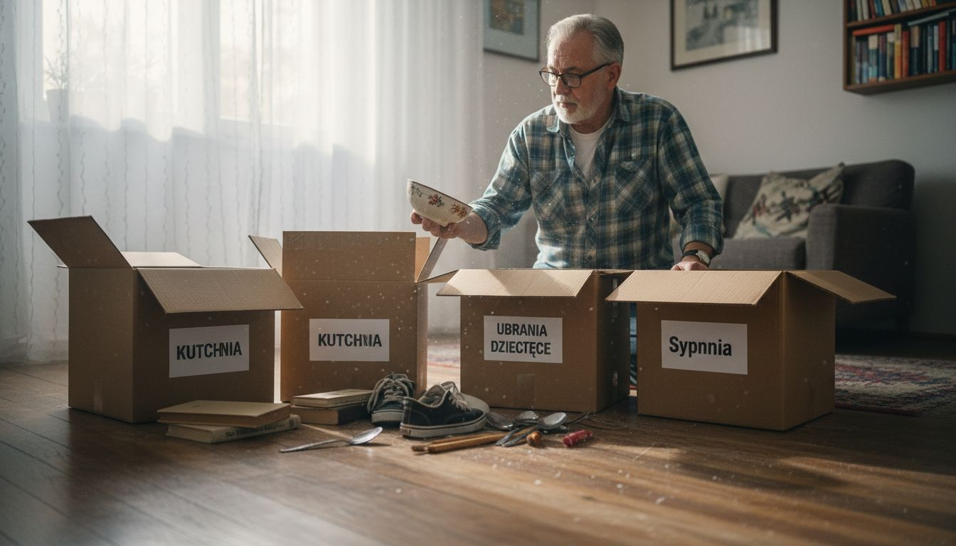 Starsza osoba porządkuje domowe rzeczy, układając je według kategorii.
