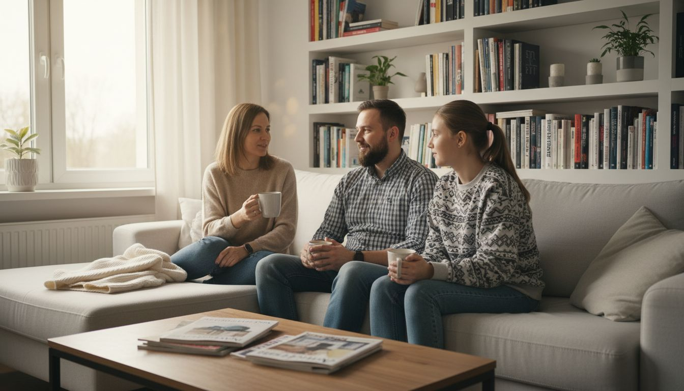 Rodzina spędza wspólnie czas w przytulnym i uporządkowanym salonie.