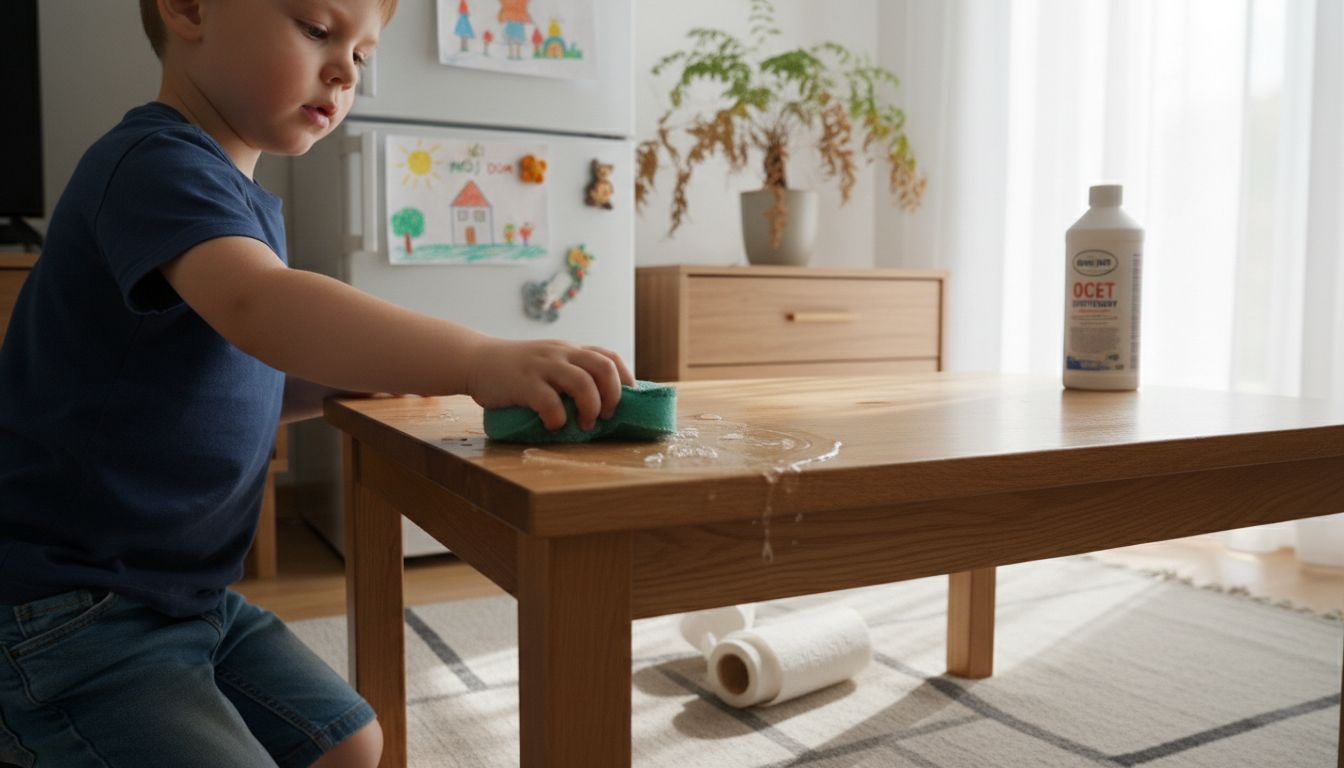 Dziecko pomaga sprzątać dom, używając ekologicznych środków czystości.