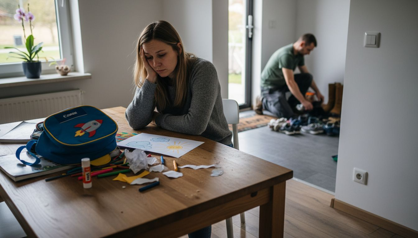 Zmęczona rodzina w nieuporządkowanej, pełnej chaosu kuchni