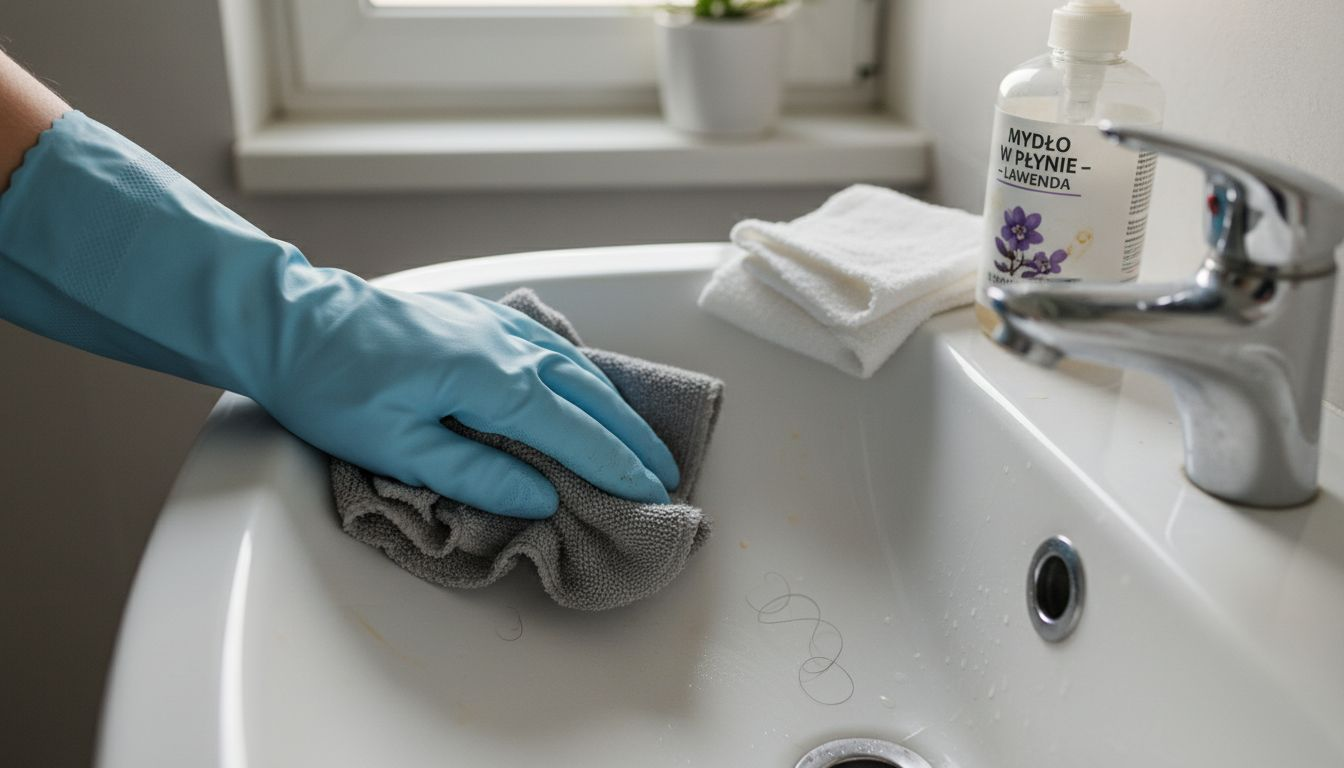 Umycie zlewu ręcznie za pomocą ściereczki z mikrofibry