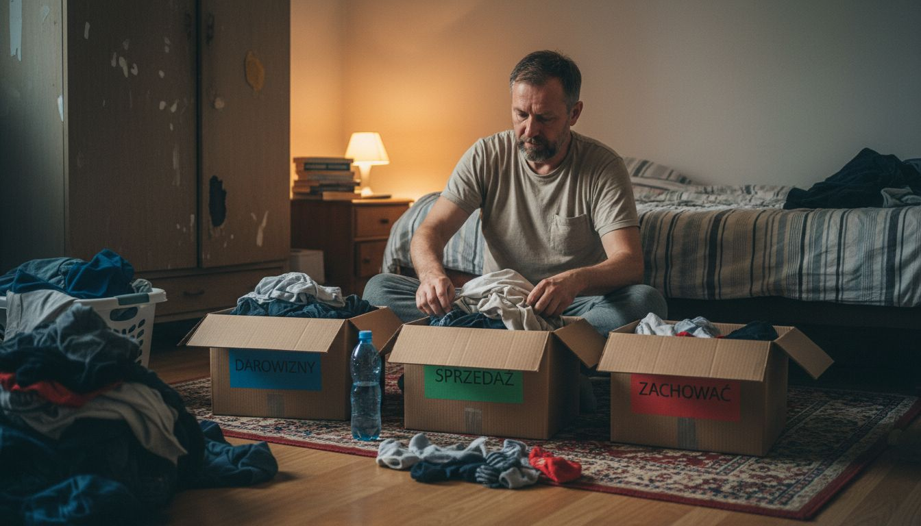 Mężczyzna siedzi na podłodze w sypialni i porządkuje swoje ubrania.