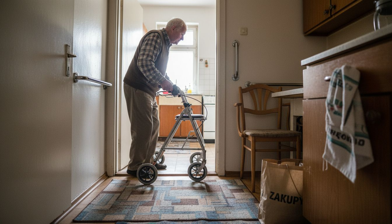 Starszy pan przechodzi obok szeroko otwartych drzwi.