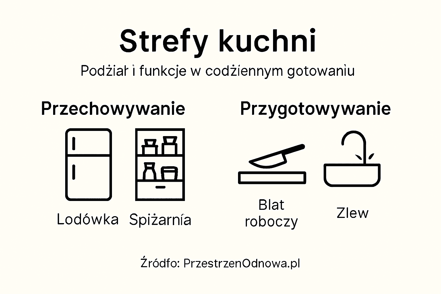 Grafika przedstawiająca podział kuchni na funkcjonalne strefy