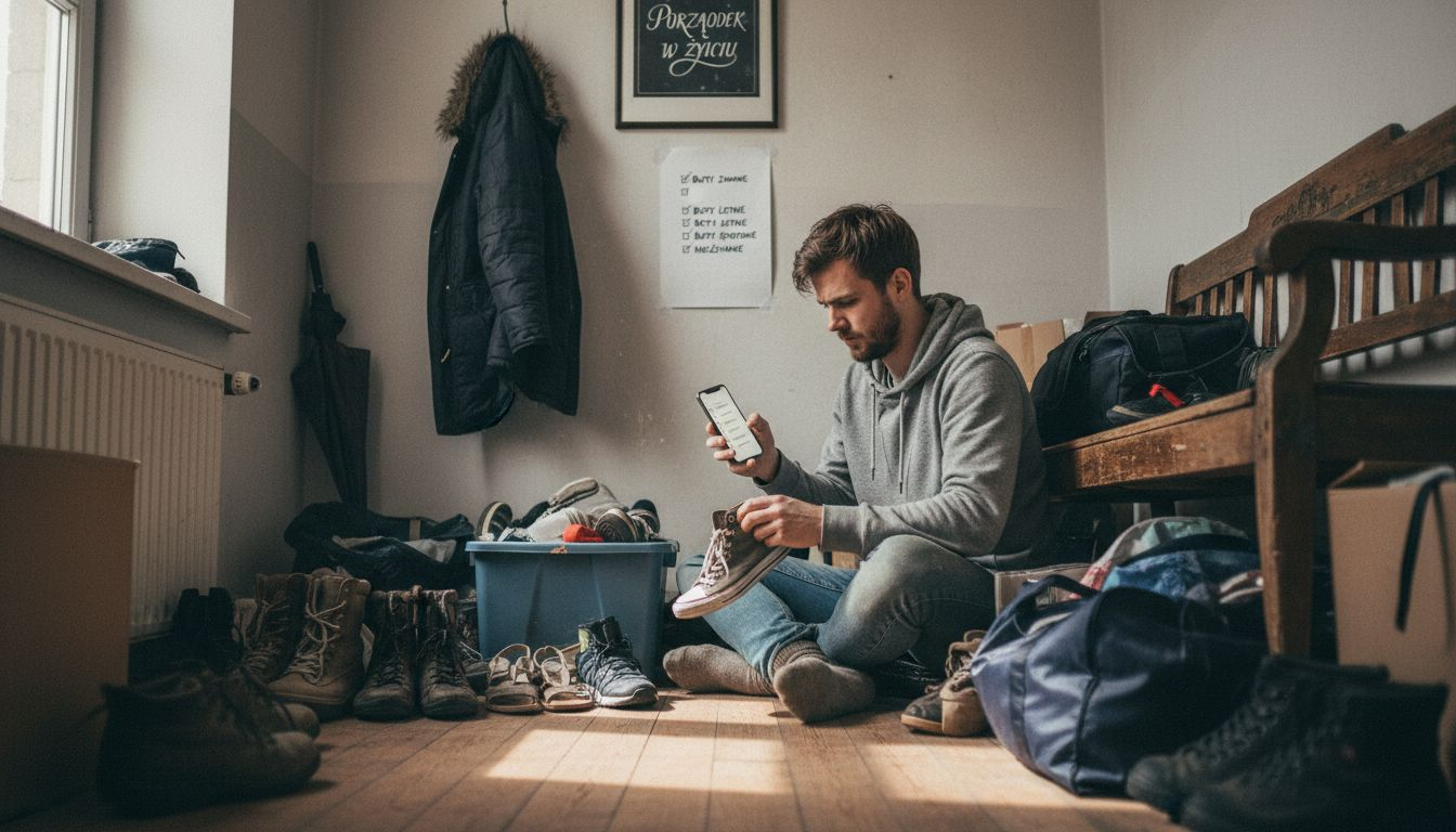 Mężczyzna zastanawia się, jak uporać się z bałaganem w przedpokoju.