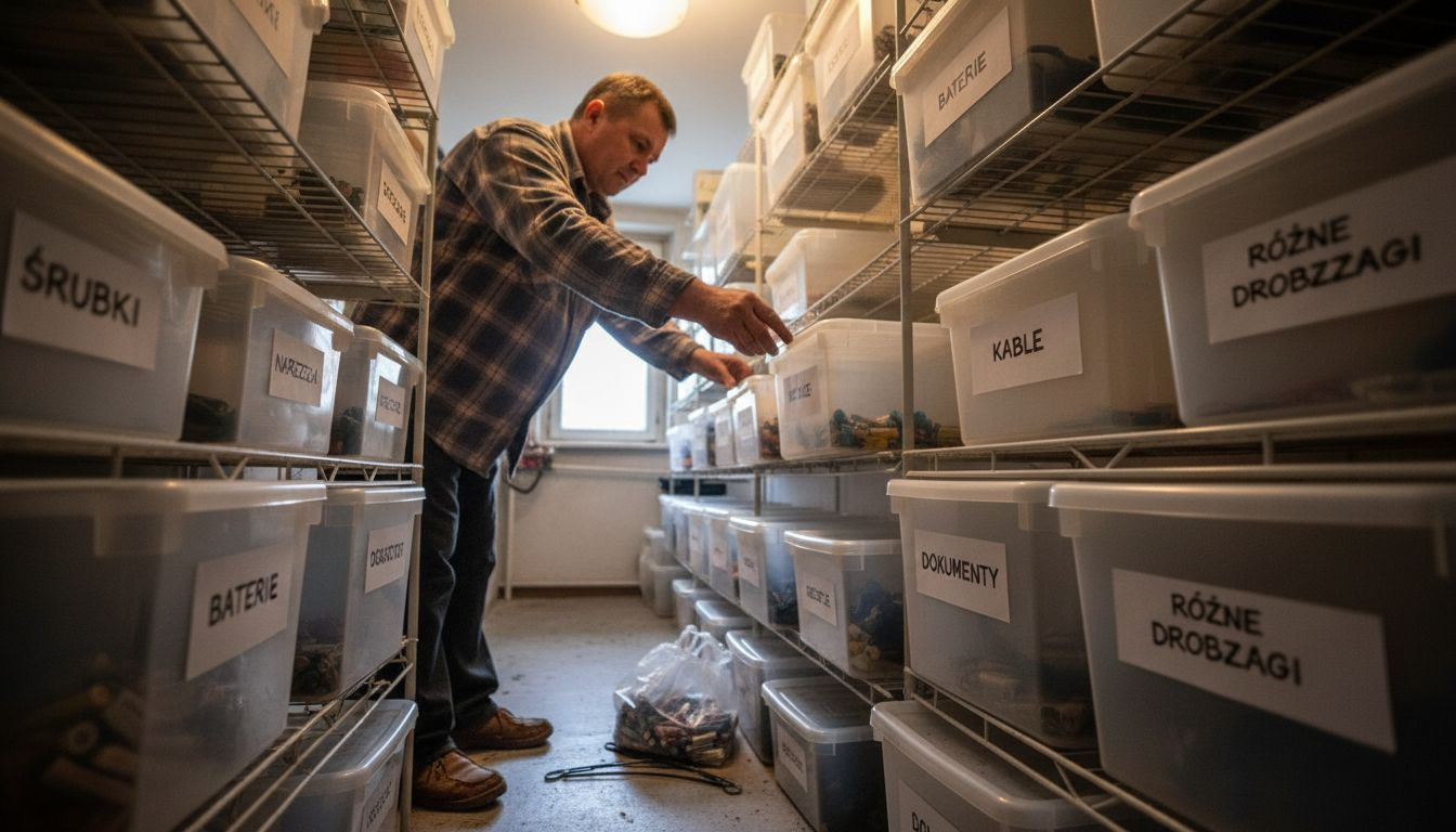 Mężczyzna układa pojemniki w szafie