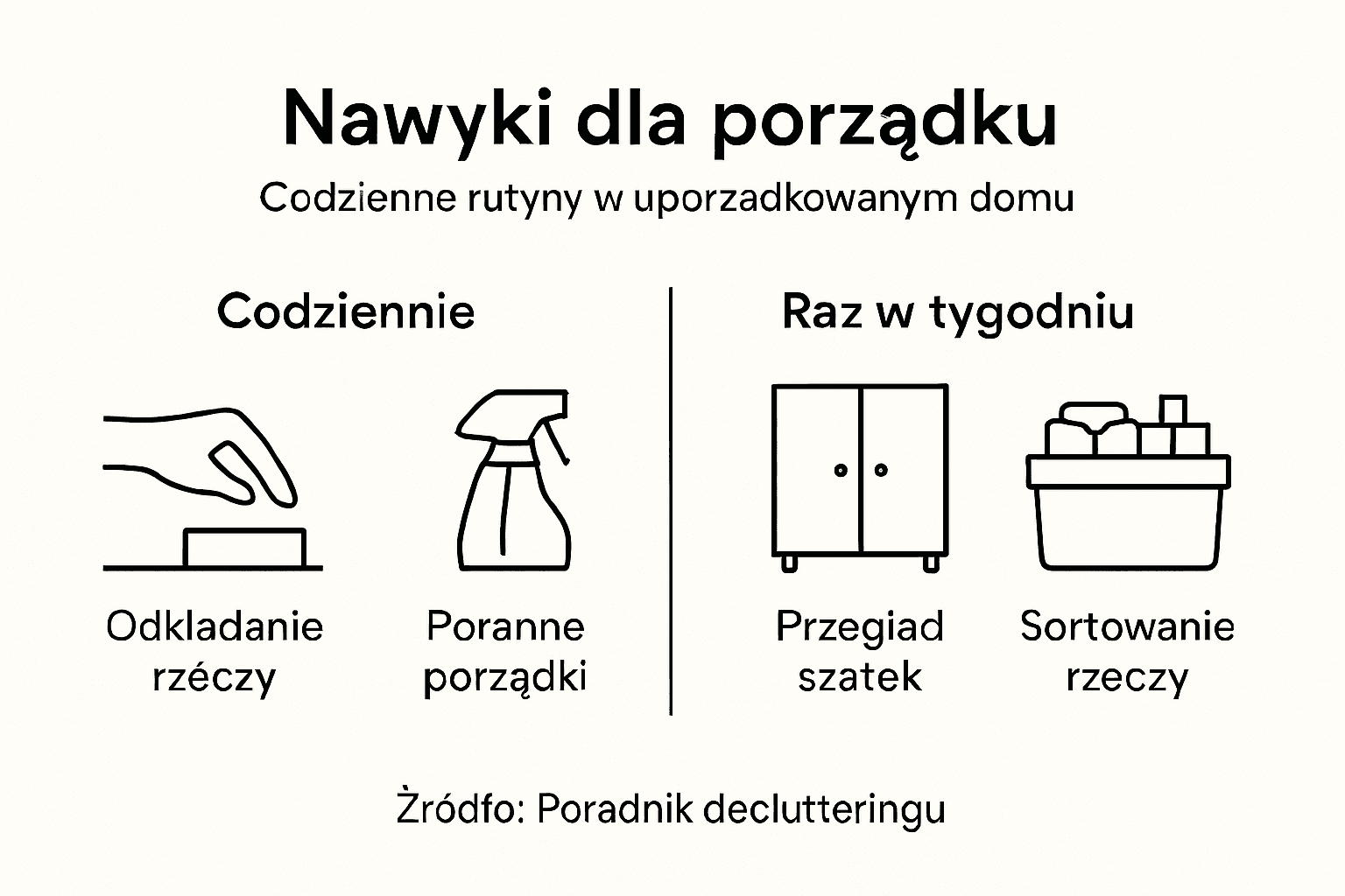 Grafika pokazująca, jak na co dzień dbamy o porządek – praktyczne wskazówki i rutyny, które pomagają utrzymać czystość w domu.