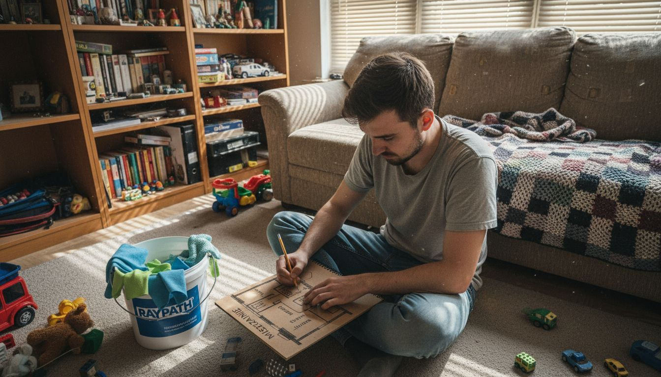 Mężczyzna rozplanowuje strefy sprzątania w salonie, zastanawiając się, od czego zacząć i jak podzielić pomieszczenie na konkretne obszary do uporządkowania.