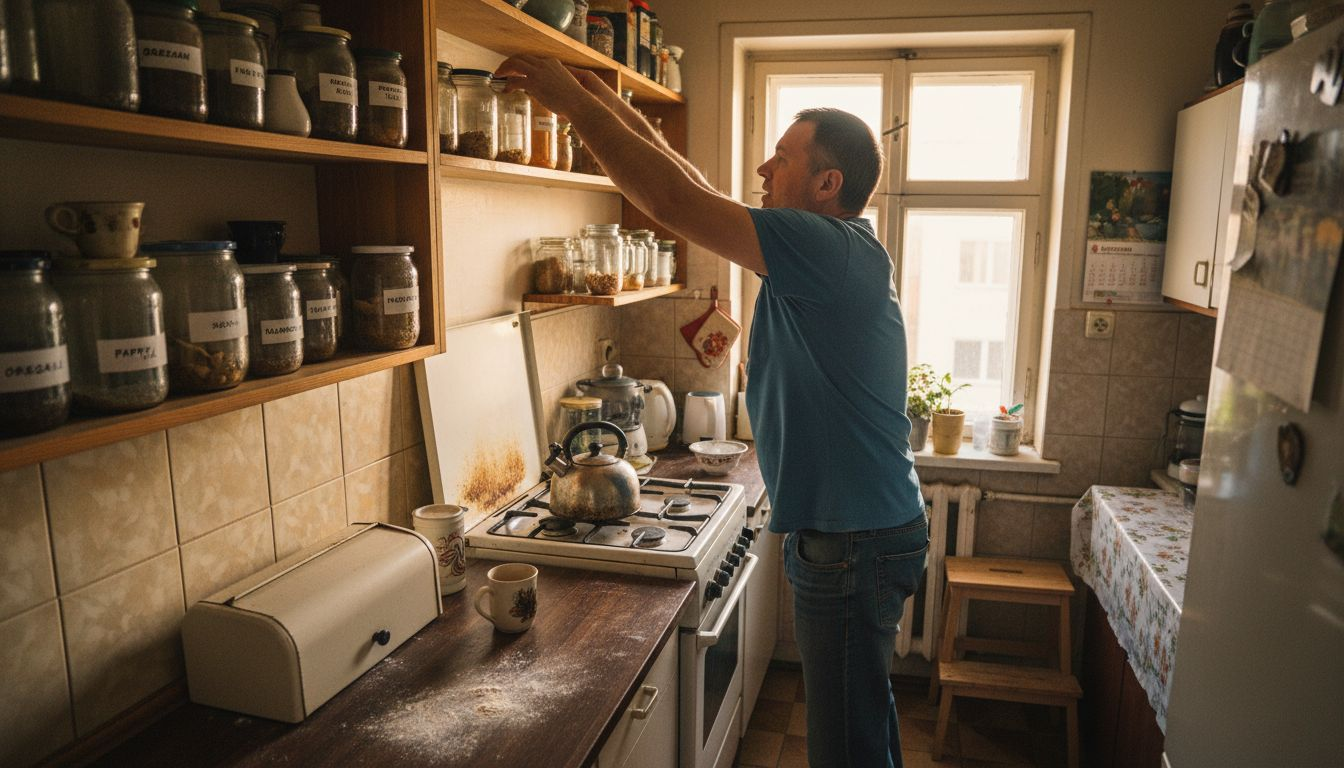 Mężczyzna układa słoiki na kuchennej półce, dbając o porządek i estetykę w swojej kuchni.