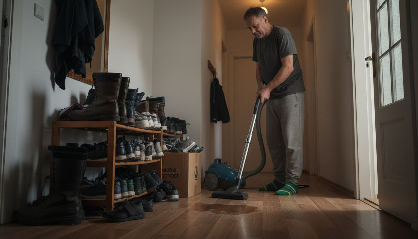 Mężczyzna odkurza korytarz, obok którego panuje bałagan z butami.