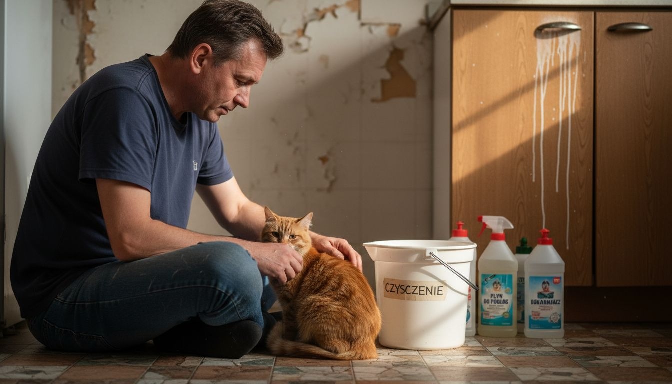 Mężczyzna spędza czas z kotem w pobliżu środków do sprzątania domu.