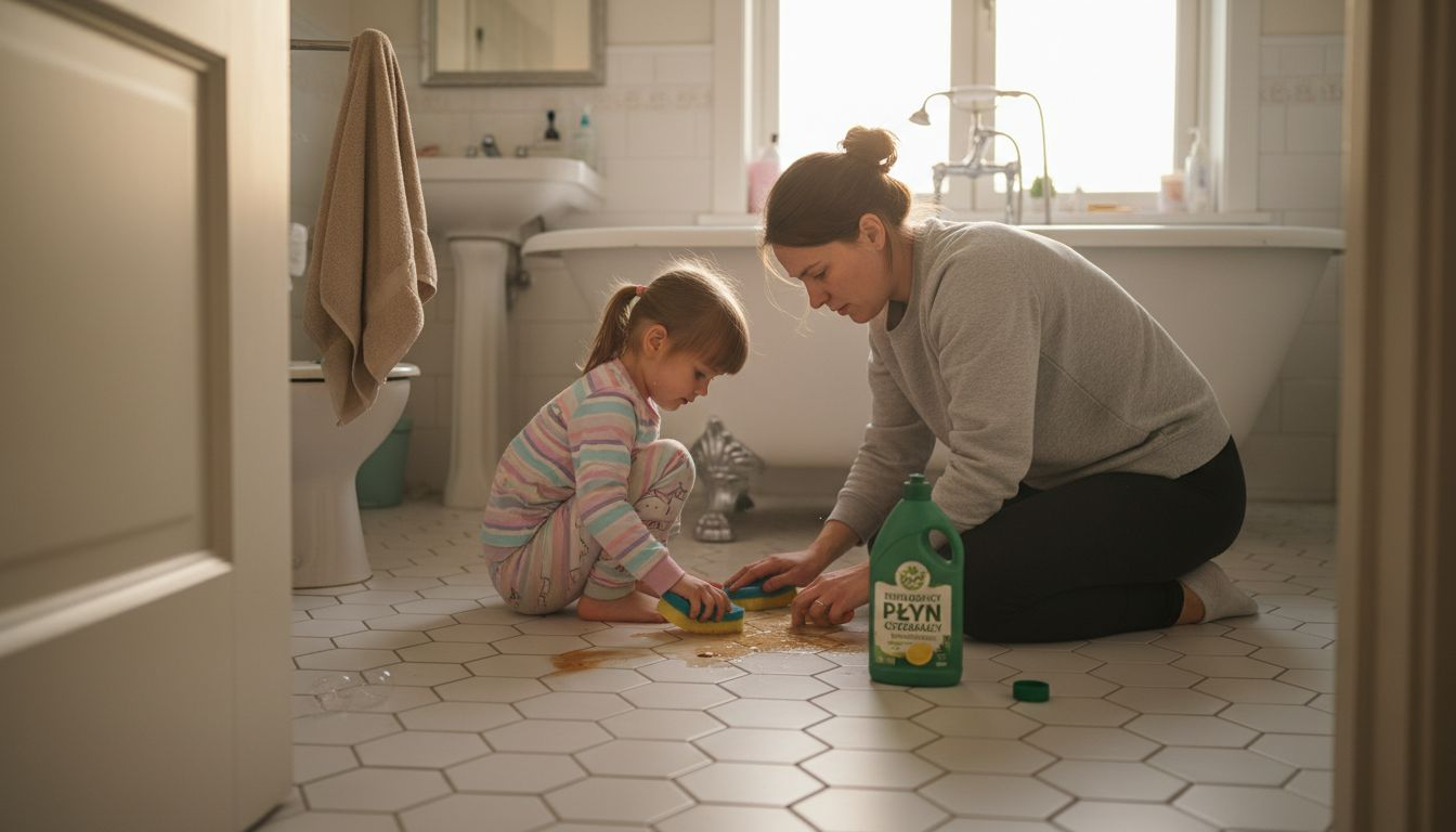 Mama razem z dzieckiem sprzątają łazienkę, wspólnie zamieniając obowiązki domowe w zabawę.