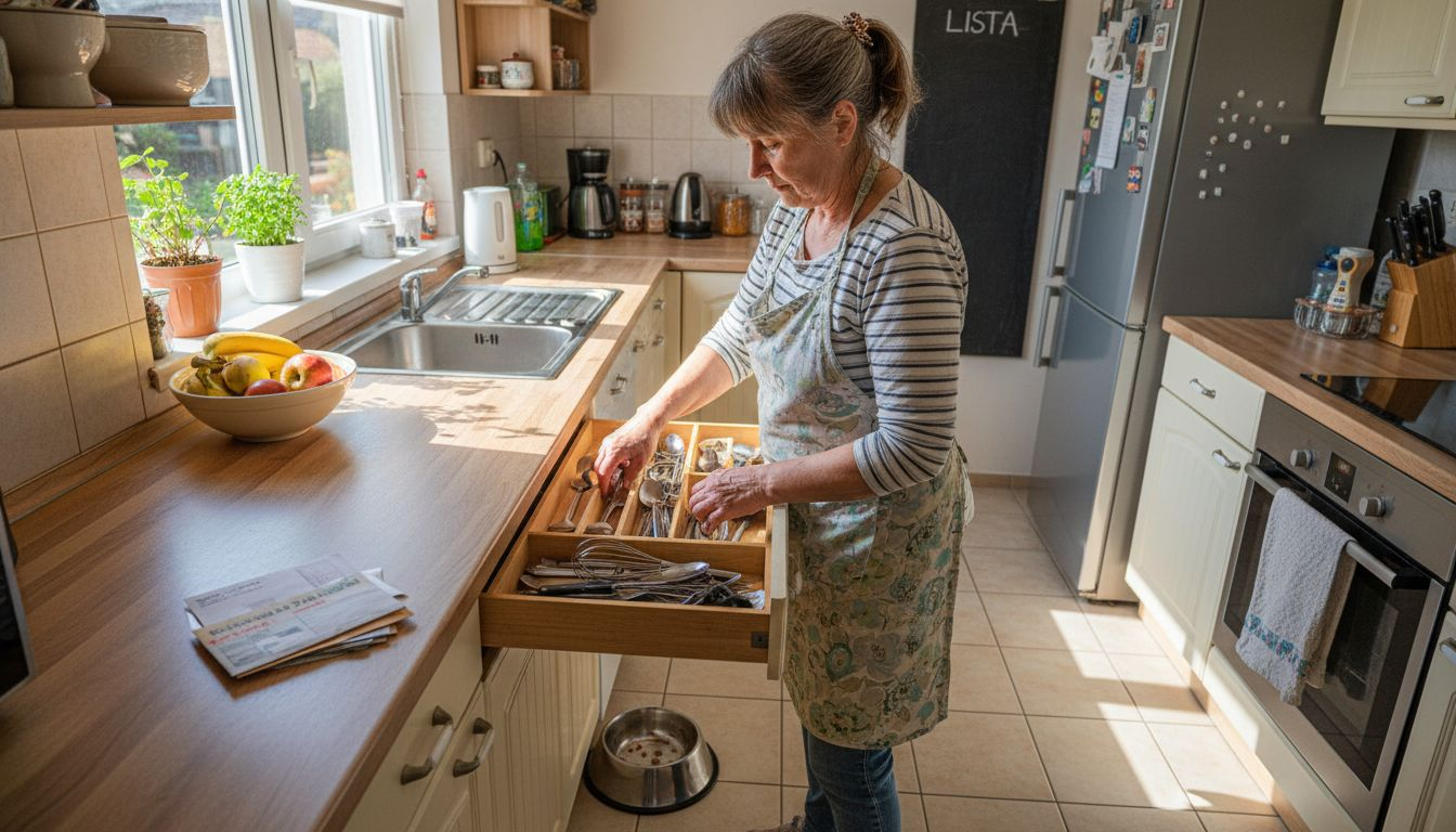 Kobieta porządkuje sztućce w swojej kuchni.