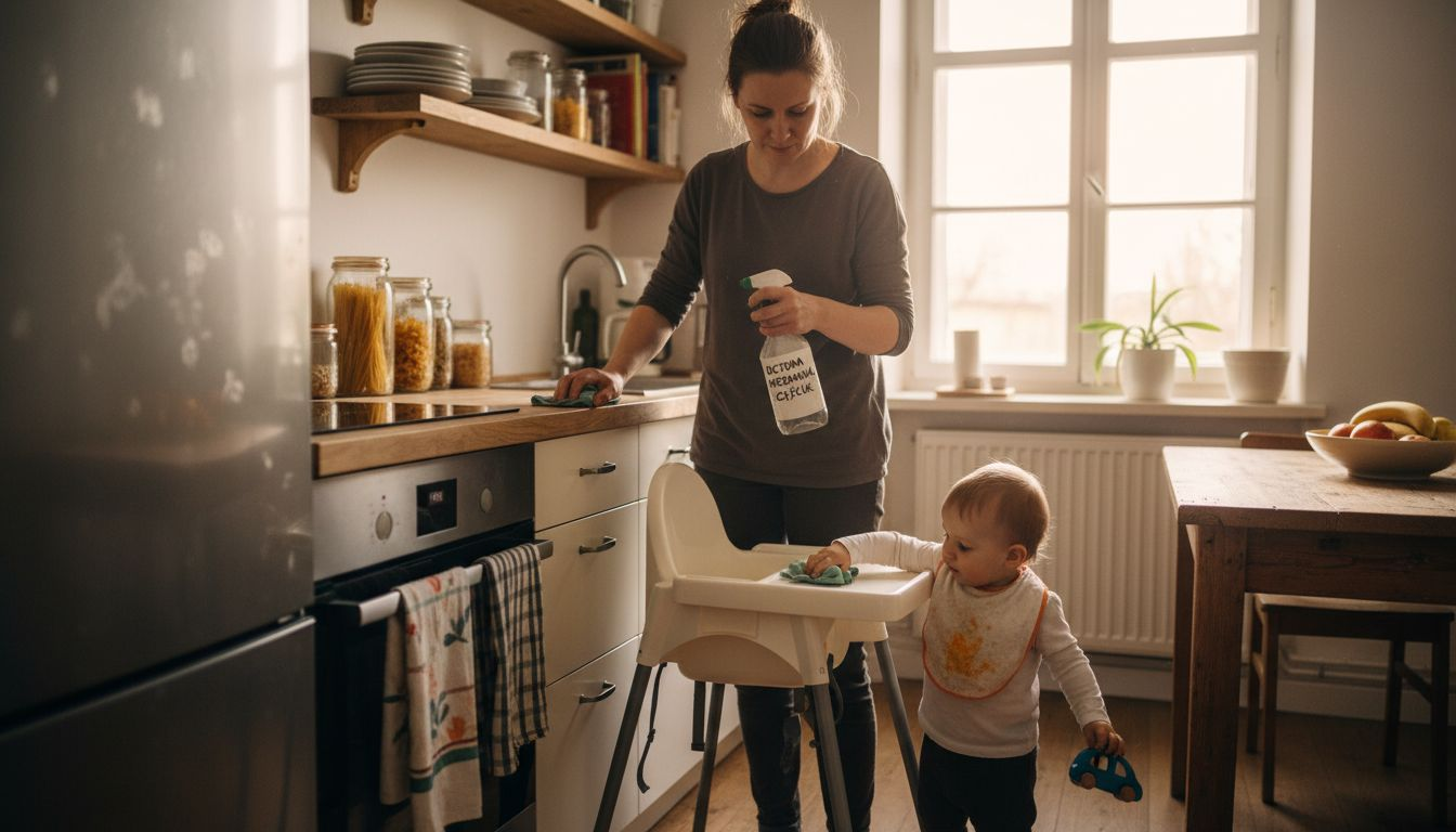 Mama dba o czystość kuchni, sięgając po naturalne środki do dezynfekcji.