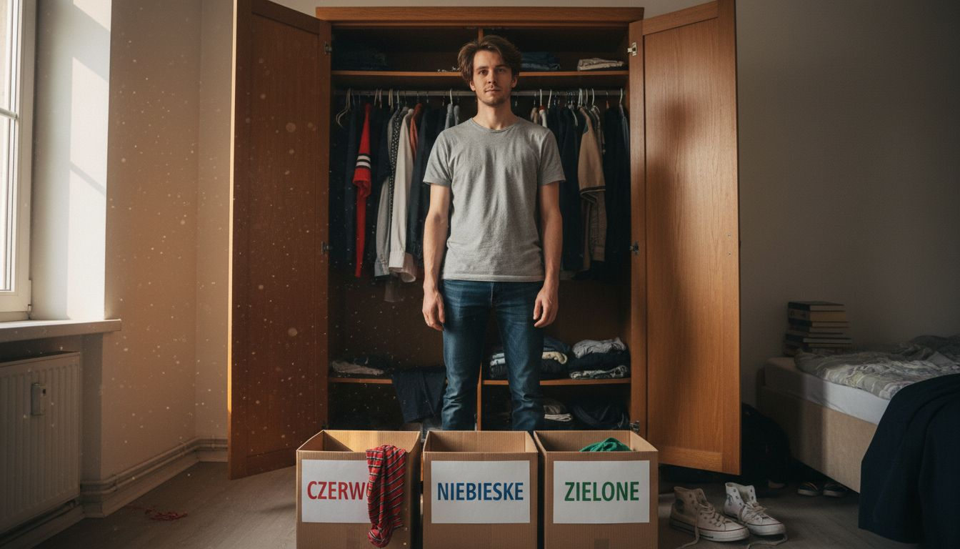 Mężczyzna porządkuje swoją szafę, układając rzeczy w specjalnych pudełkach do segregacji.