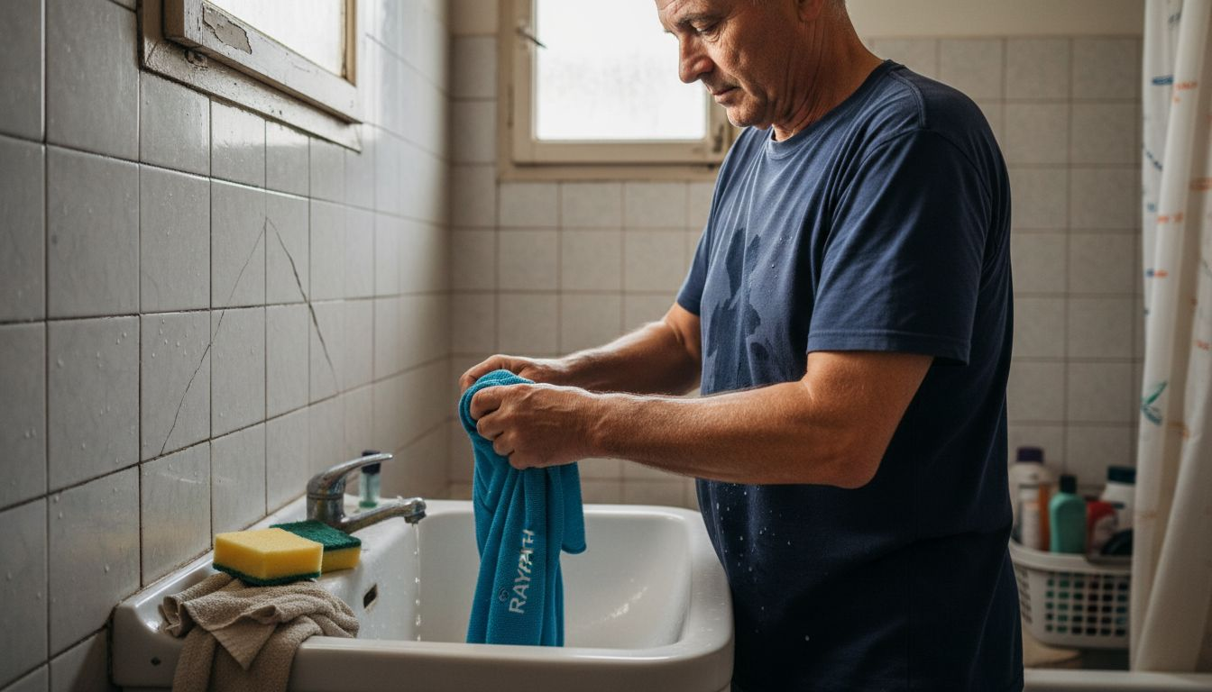Mężczyzna wyciska ściereczkę Raypath nad zlewem w pralni.