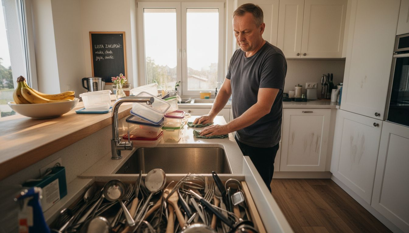 Mężczyzna sprząta i porządkuje zabałaganioną kuchnię.