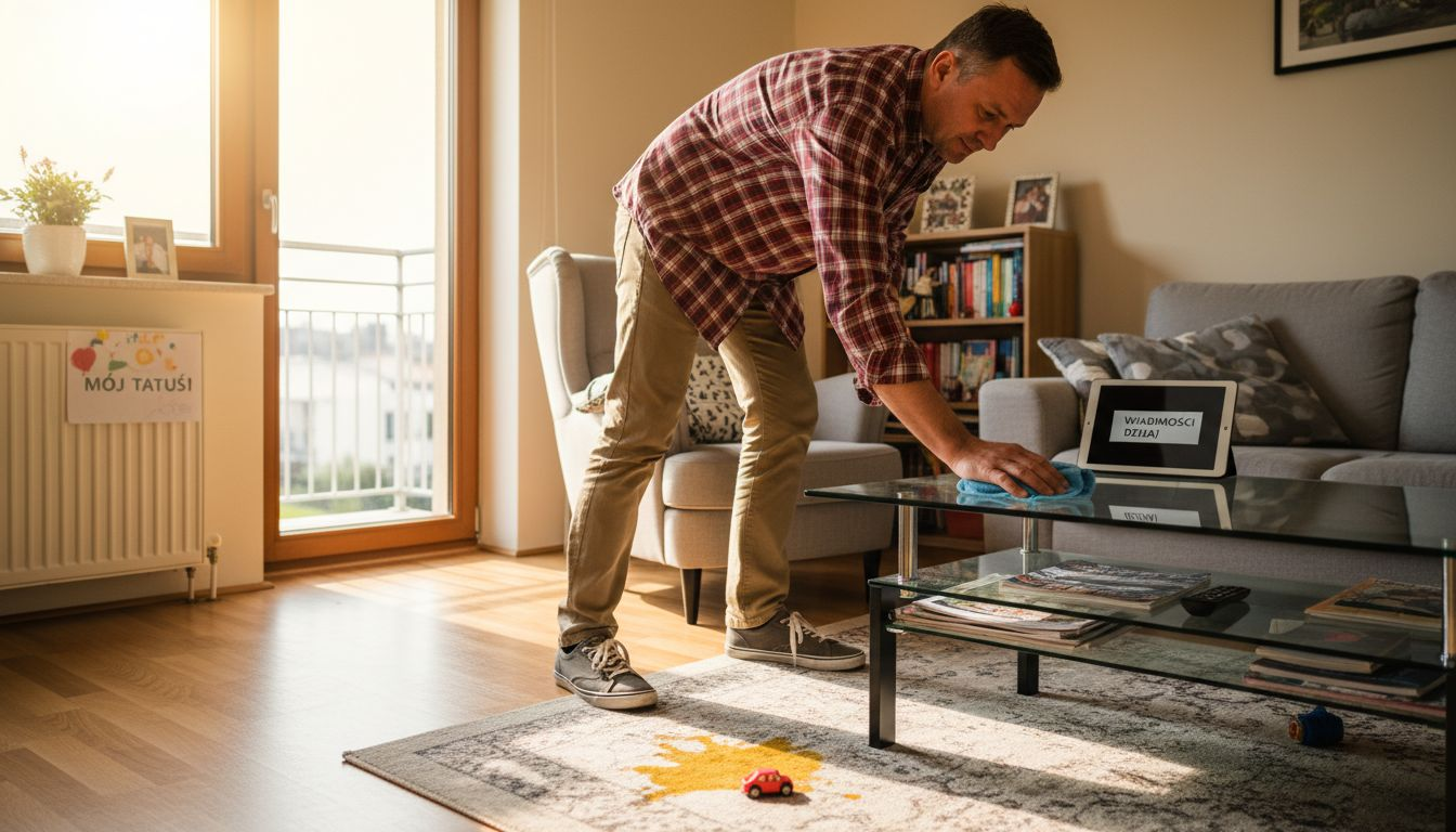 Mężczyzna przeciera stół nowoczesną ściereczką, która skutecznie usuwa zabrudzenia.