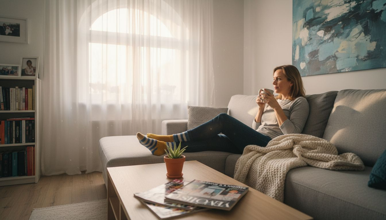 Kobieta odpoczywa w uporządkowanym, pełnym światła salonie.