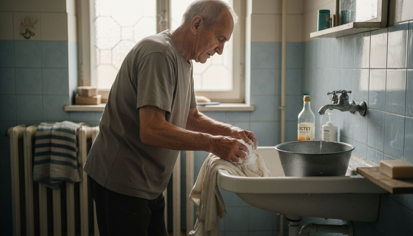 Mężczyzna pierze ubrania, korzystając z sody oczyszczonej, żeby pozbyć się plam i nieprzyjemnych zapachów.