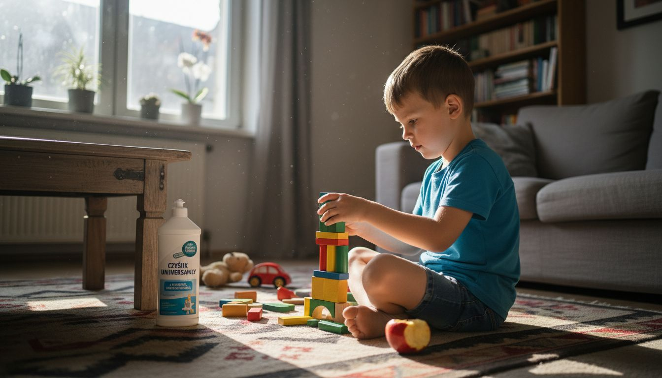 Małe dziecko bawi się w pobliżu butelki z detergentem.