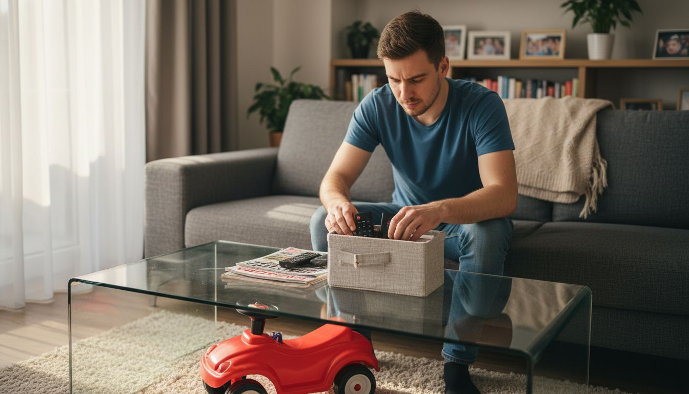 Mężczyzna planuje swój dzień, korzystając z organizera w rodzinnym salonie.