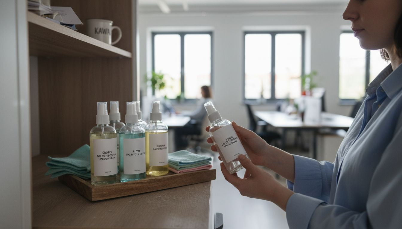 Pracownik biurowy sprawdza ekologiczne środki czystości, dbając o to, by były bezpieczne dla środowiska i odpowiednie do codziennego użytku w firmie.