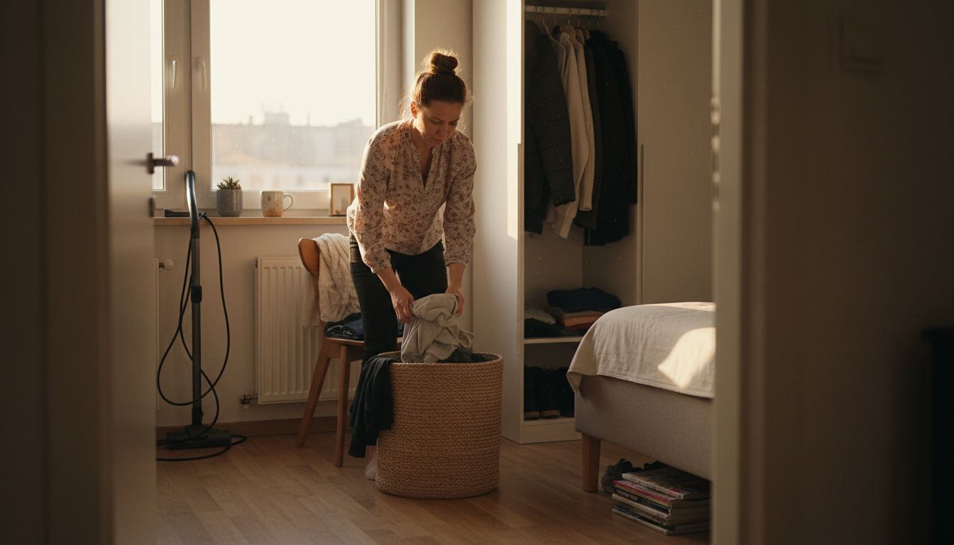 Kobieta krok po kroku porządkuje swoją sypialnię, pozbywając się niepotrzebnych rzeczy i wprowadzając harmonię do wnętrza.